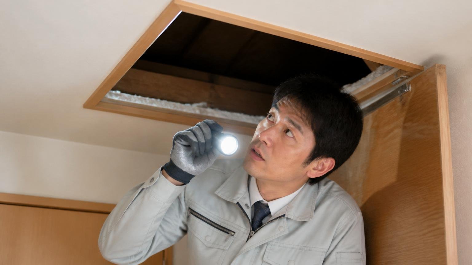 対応している害獣と害虫と対応エリアの確認。木造戸建ての天井裏の点検口を作業員1人が懐中電灯で照らして中をのぞく