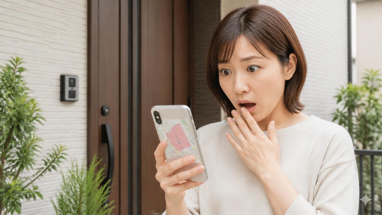 対応エリアを確認する 自宅の玄関先 女性1人 スマホの地図を見て驚く表情