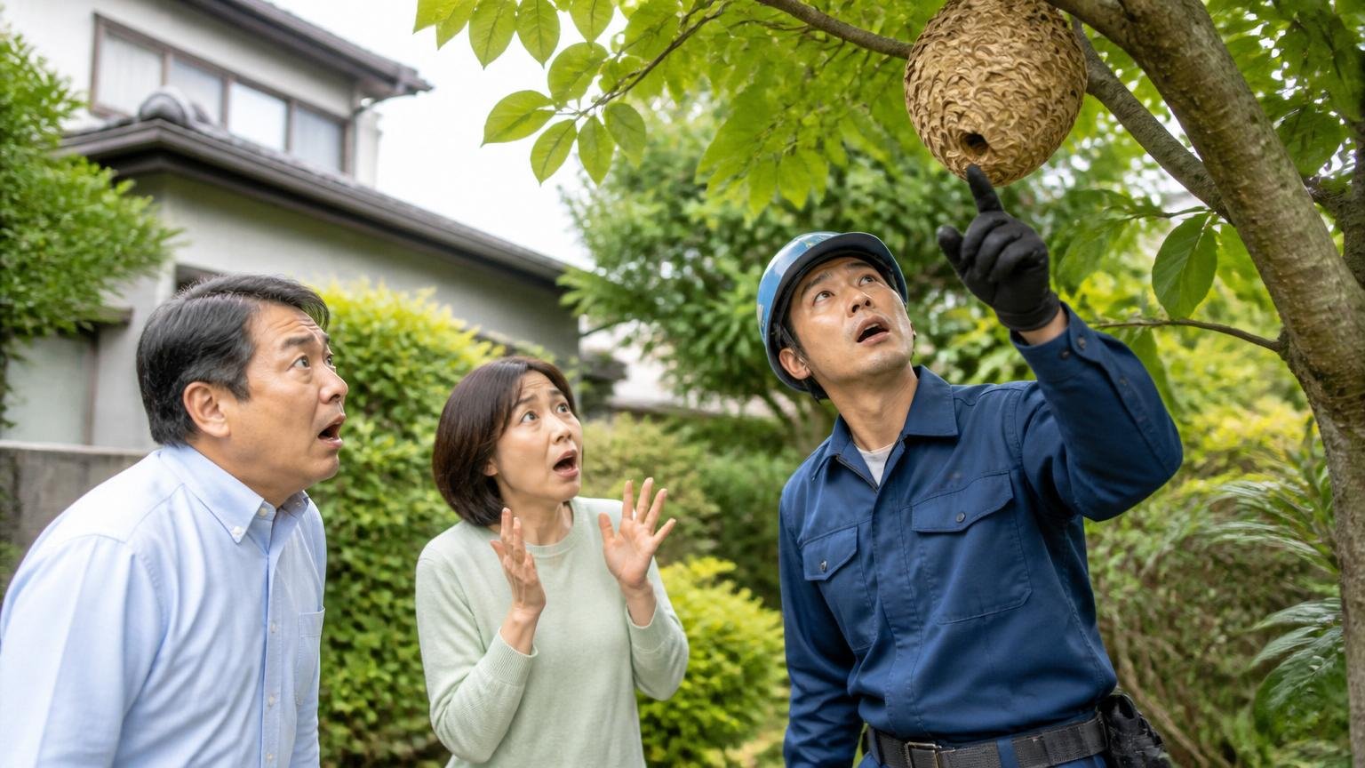 同じ市内だから対応が速いと評価する口コミ 住宅の庭でハチの巣を見上げる作業員と住民2人が驚いた表情