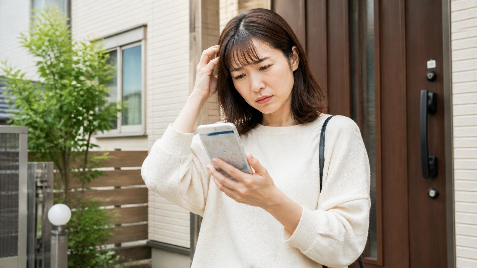 対応エリアは16都府県、入っていない人は読み方が変わる。玄関前で女性1人がスマホの地図を見て困惑する表情
