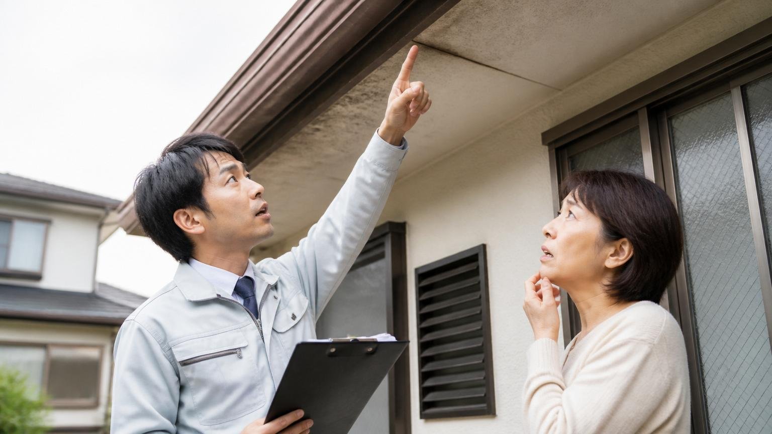 対応エリアと対応害獣を確認する場面。住宅の軒下を見上げて指をさす作業着姿の男性と不安そうな住人女性
