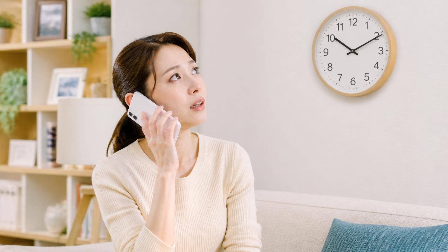 対応エリアと受付時間の確認|リビングで30代女性が壁掛け時計を見ながら電話をかける