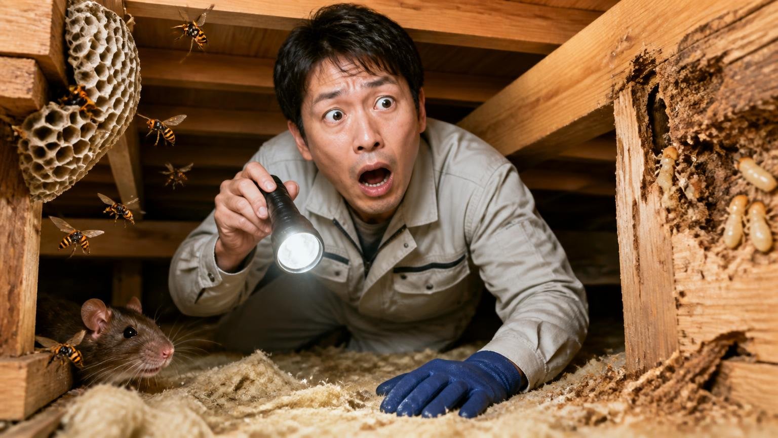 対応している害獣とシロアリ・ハチ。木造戸建ての天井裏で作業員1人が懐中電灯を構え驚いた表情