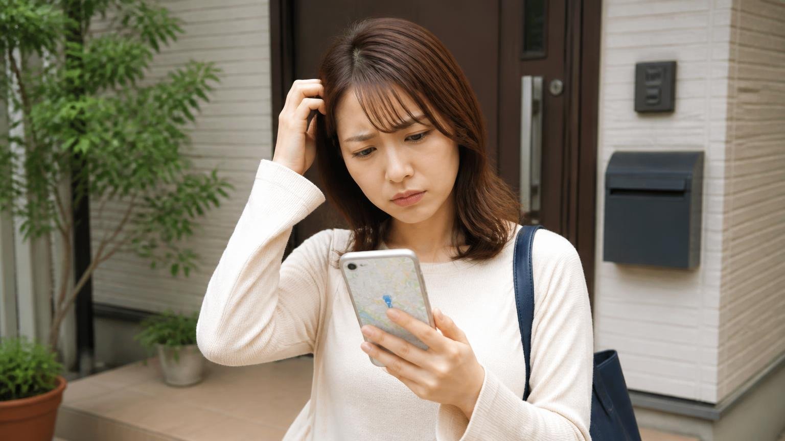対応エリアは関東7都県。玄関先で地図アプリを見ながら困り顔をする30代女性