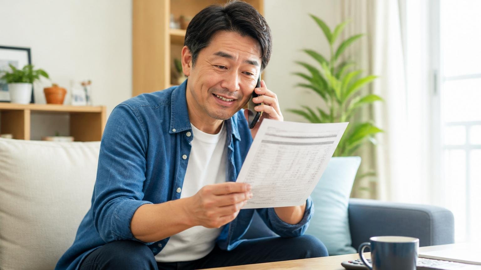電話の概算と請求額が一致して安心する場面。リビングで見積書を見ながら電話する40代男性がほっとした表情