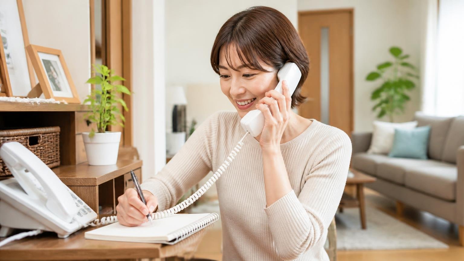 電話対応が丁寧で金額も想定内だった|築20年戸建てのリビングの電話台|30代女性1人|受話器を持ち安心した笑顔でメモを取る