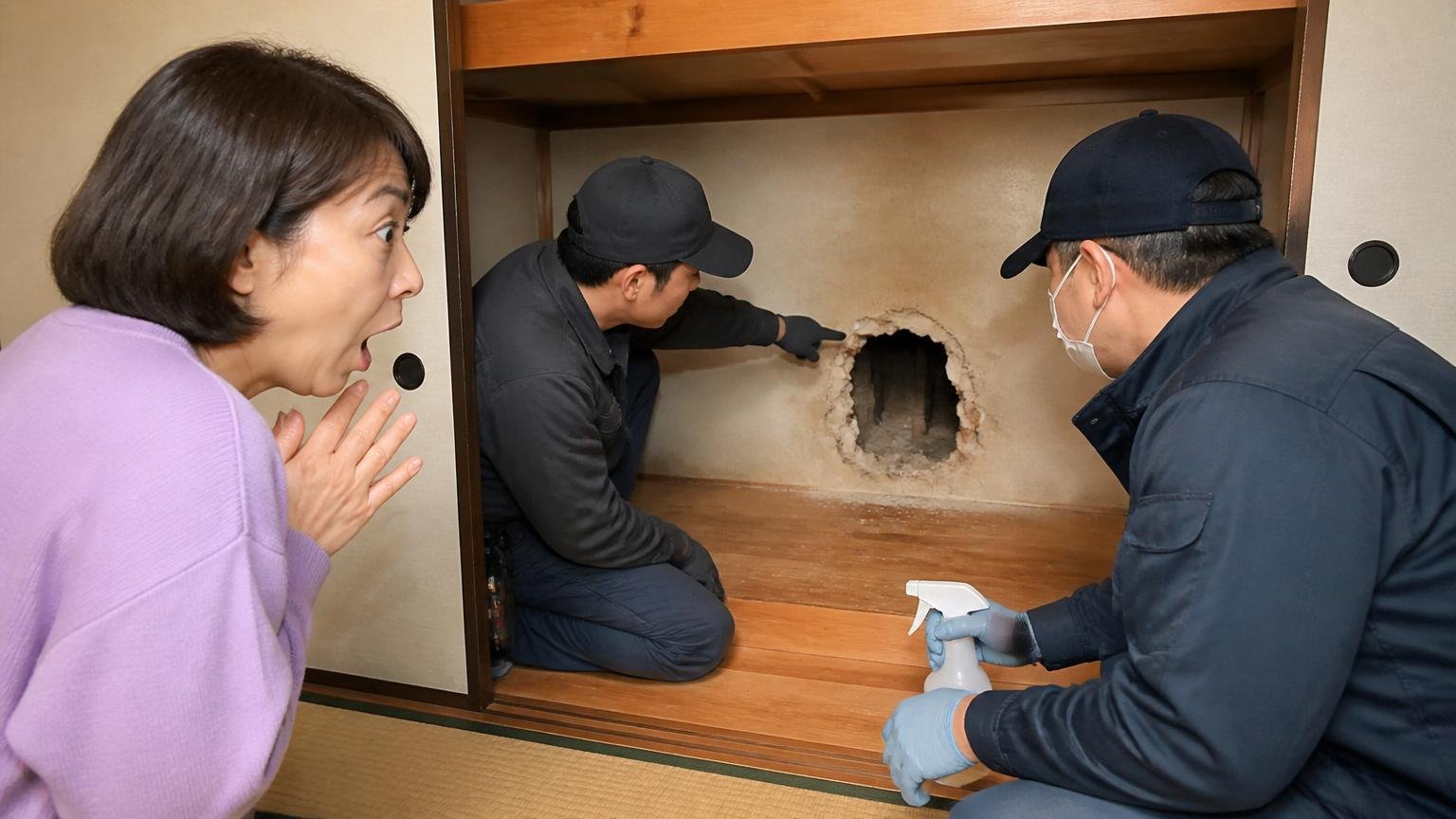 ネズミの侵入経路封鎖と消毒の口コミ 和室の押し入れ奥で作業員2人が壁の穴を指さし住人1人が目を見開く