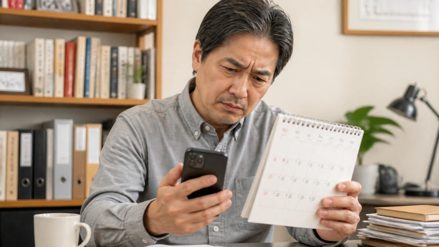 口コミの投稿年をチェックする。書斎で50代男性1人がカレンダーとスマホを見比べて眉をひそめる