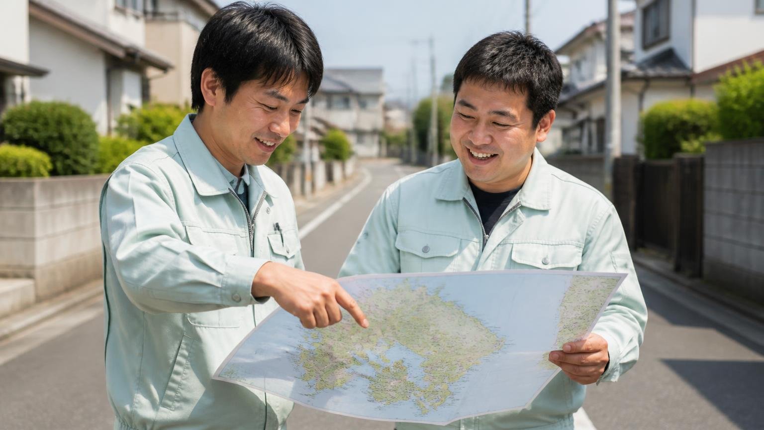 対応エリアは長崎県内9拠点。住宅街の路上で地図を広げて拠点を指さす作業服の男性2人、明るい表情