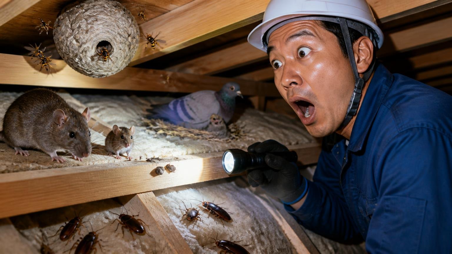 対応している害虫・害獣の種類、木造戸建ての天井裏を懐中電灯で照らす作業員1人が驚いた表情