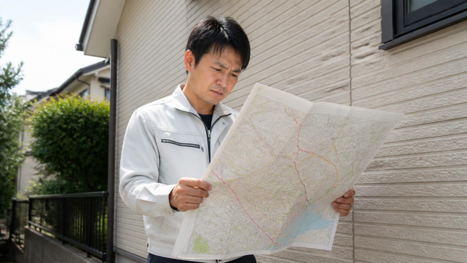 拠点は関東6か所で対応エリアは関東全域 家の外壁まわりで作業員1人が地図を広げ確認する