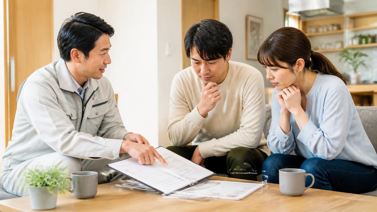 費用と作業内容を先に説明してから作業に入る/戸建てのリビングで見積書を挟んで打ち合わせ/作業員1人と30代夫婦2人/書類を指さして説明する