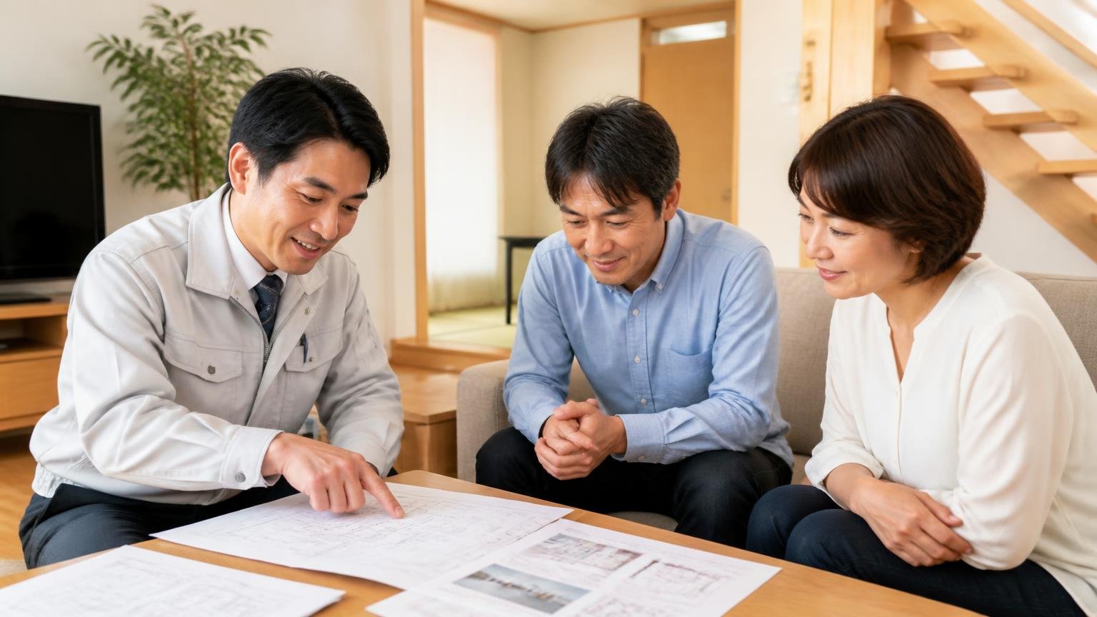 作業内容を1工程ずつ説明する場面 木造戸建てのリビングで書類を広げる作業員1人と住人2人 うなずく表情