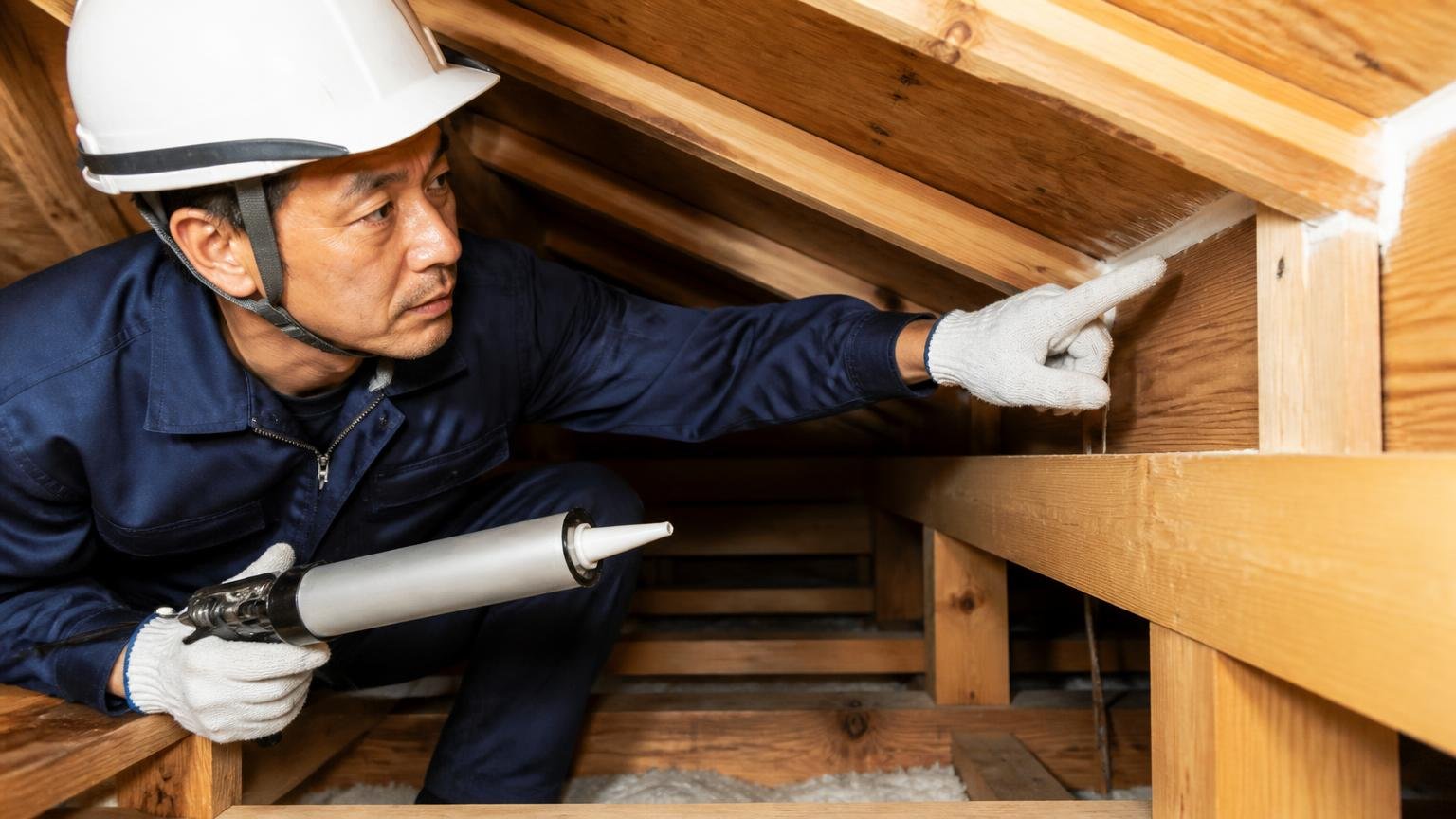 ハチの再侵入を防ぐコーキング。木造戸建ての屋根裏で作業員がすき間を指さし説明する