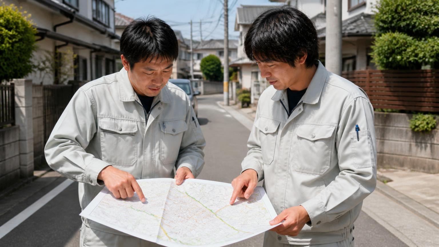 対応エリアは群馬・神奈川・埼玉北部・栃木西部・東京南西部 住宅街の路上で作業員2人が地図を広げて指さす