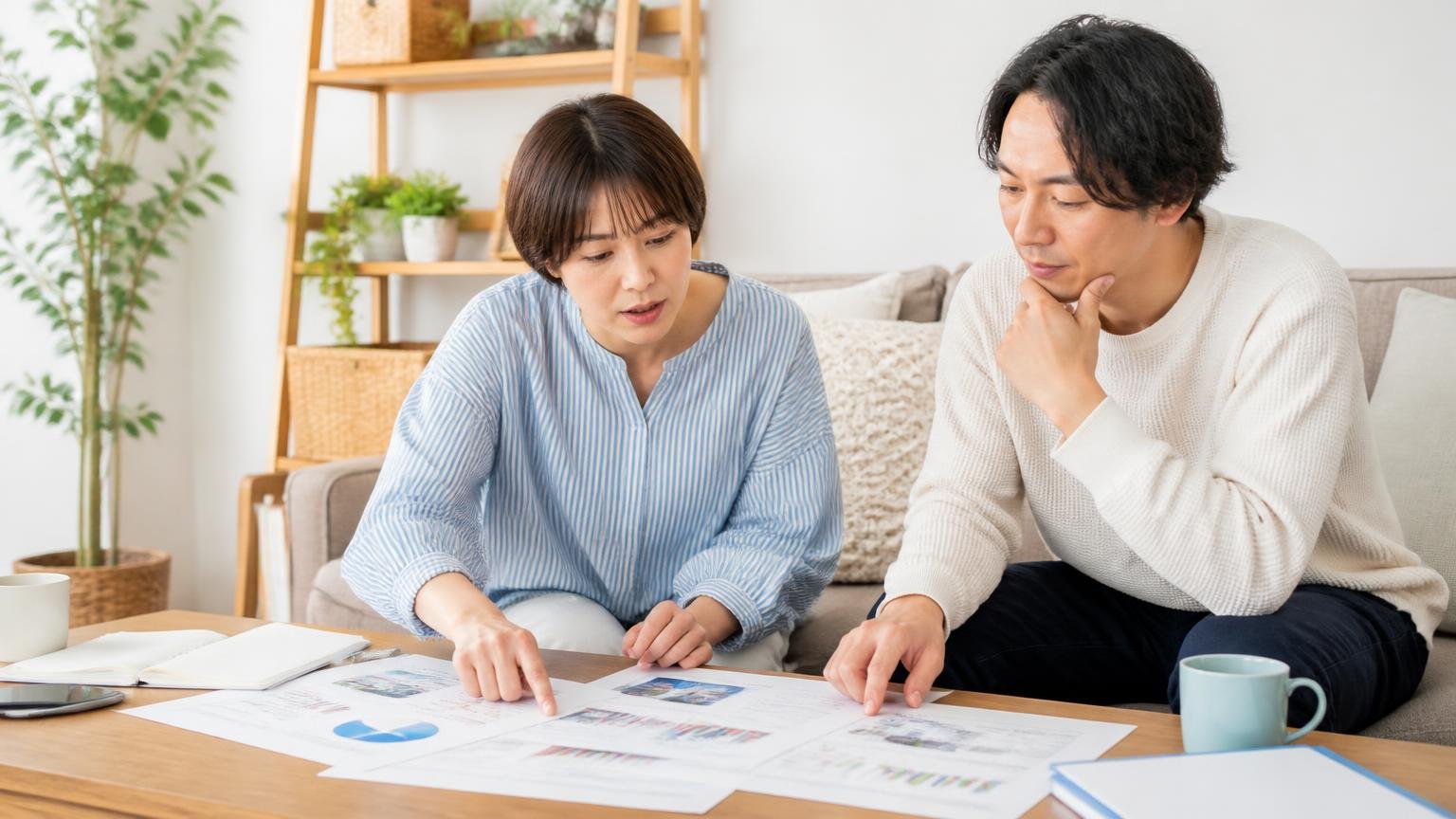 代表者や所在地など公表情報を整理する。リビングで女性1人と男性1人が会社概要の資料を並べて確認しあう