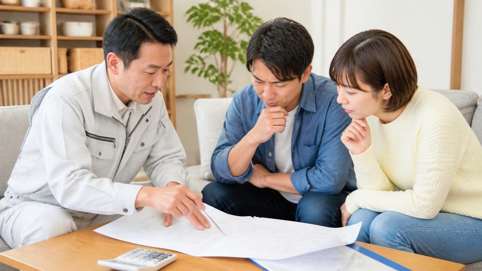 見積書についての口コミ。リビングで作業員と住人の男女3人が見積書を広げて確認