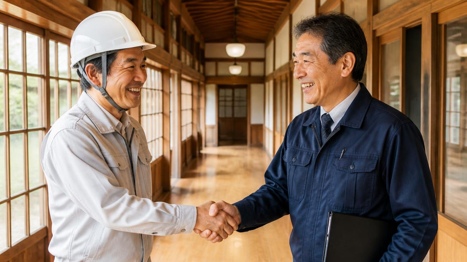 その度にこちらの業者に依頼した|古い木造建築の廊下で作業員と施設担当者が笑顔で握手