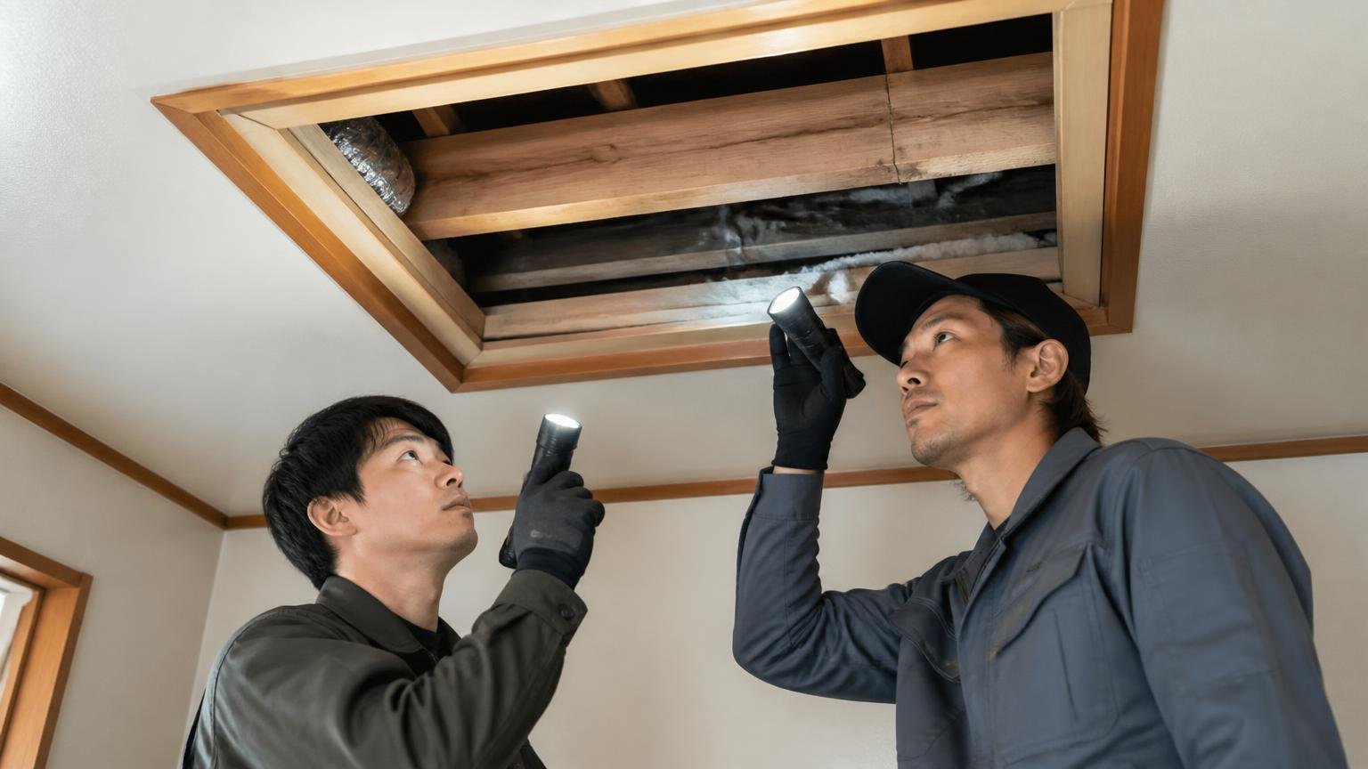 ハクビシンとネズミの駆除で1ヶ月後の再点検。木造戸建ての天井裏の点検口で作業員2人が懐中電灯を向ける