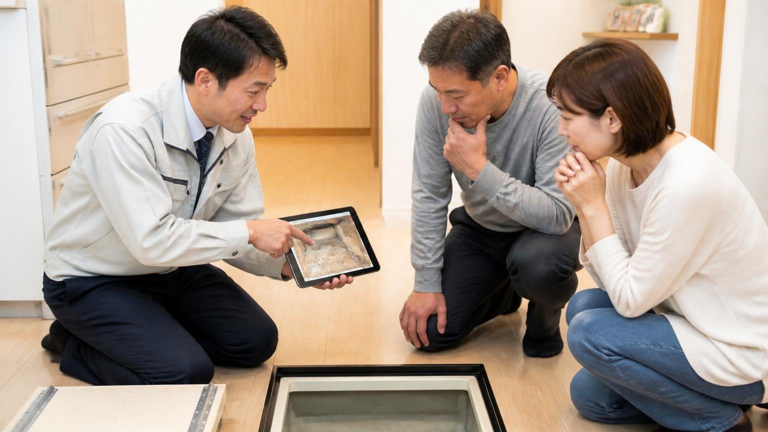 良い口コミの共通点。木造戸建ての床下点検口前で、作業員1人が住人2人に写真を見せ丁寧に説明する