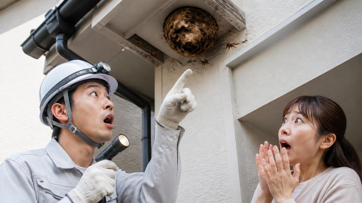 コウモリ駆除の口コミ・音の正体が違った話。住宅の軒下を見上げる作業員1人と住人1人が驚いた表情