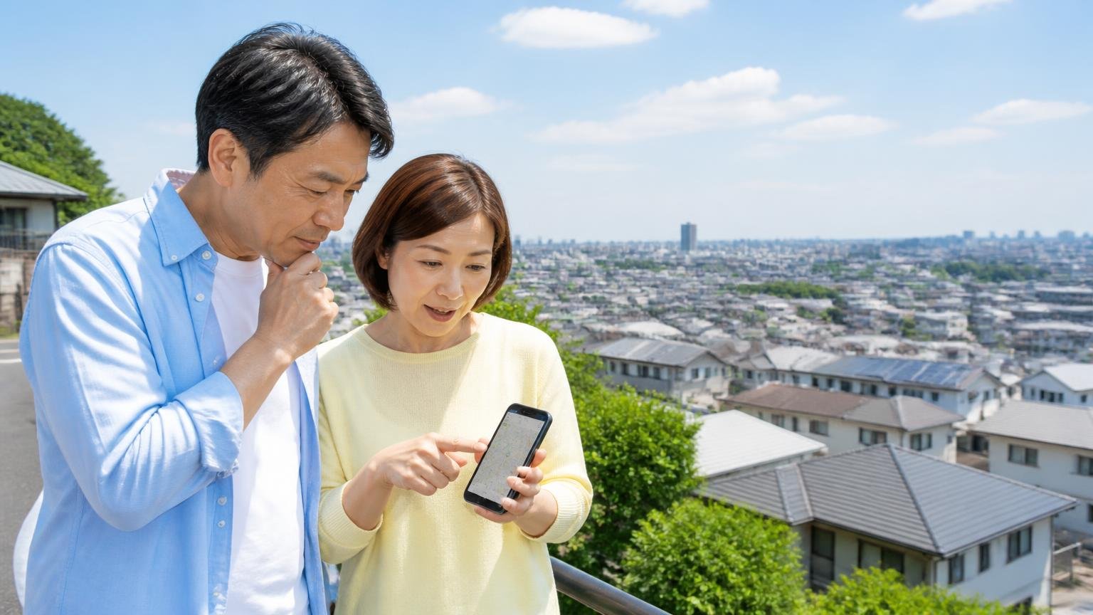 対応エリアは東京23区・千葉全域・埼玉と茨城の一部 関東の住宅街を望む高台 住人2人 スマホの地図を見ながら確認