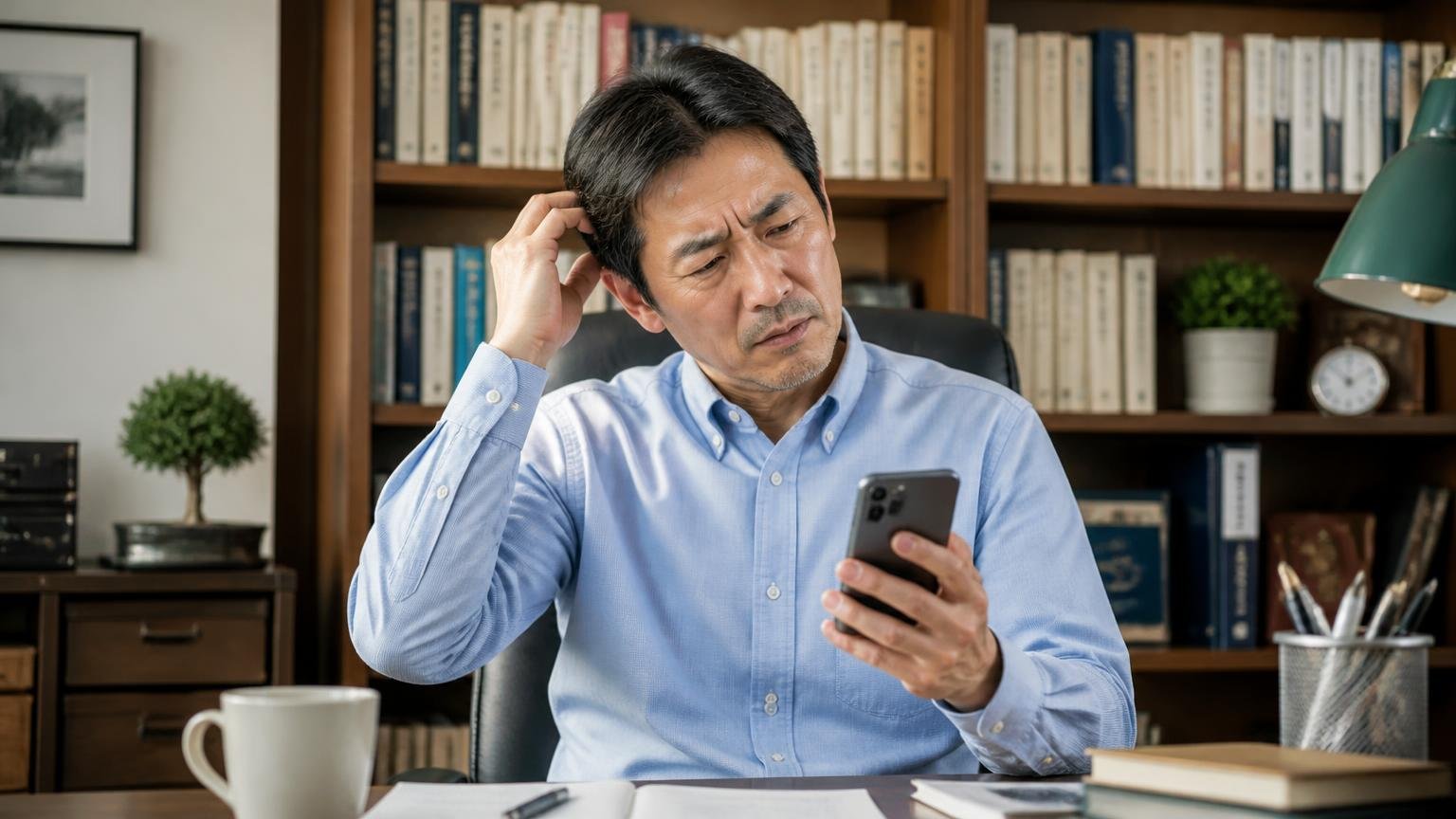 創業50年と設立2020年の違いに戸惑う。書斎のデスクでスマホを見ながら首をかしげる50代男性