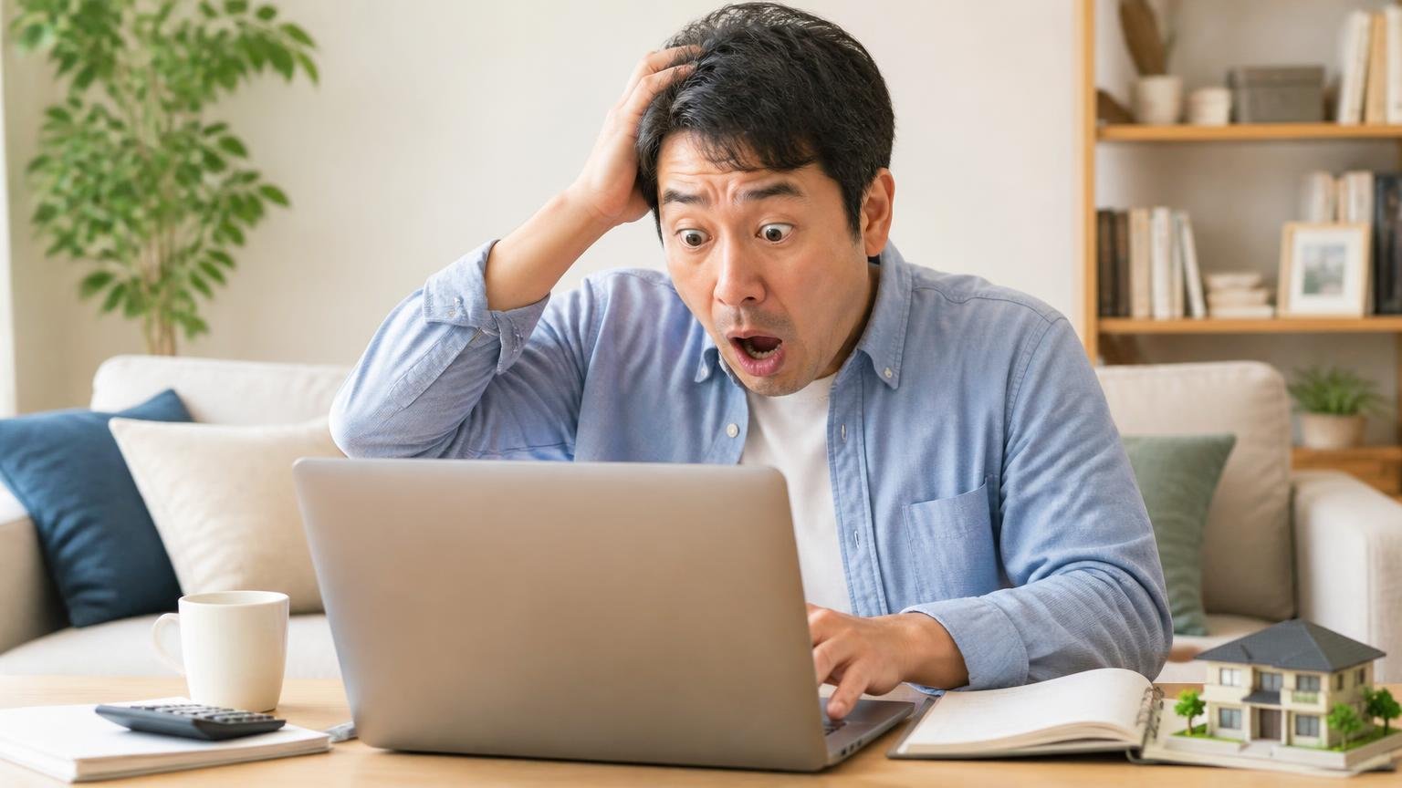 似た名前の会社が複数ある 三共リホーム東日本や三共リホーム神奈川との違い リビングでパソコンを見比べて驚く40代男性