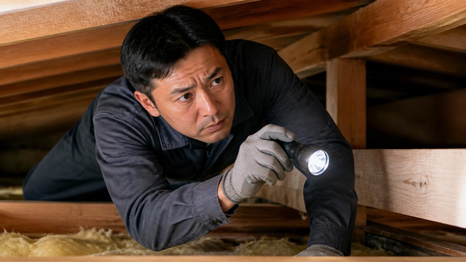 資格と加盟団体|わな狩猟免許を持っている意味 木造戸建ての天井裏を点検する作業員1人 懐中電灯を向ける真剣な表情