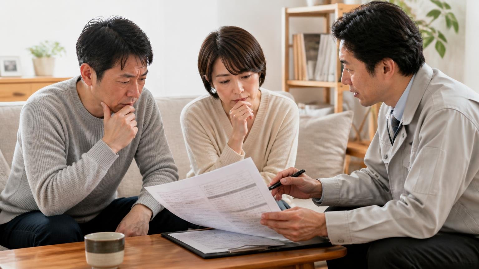 料金の書き方と無料の範囲 リビングのテーブルで住人2人と作業員1人が見積書を確認