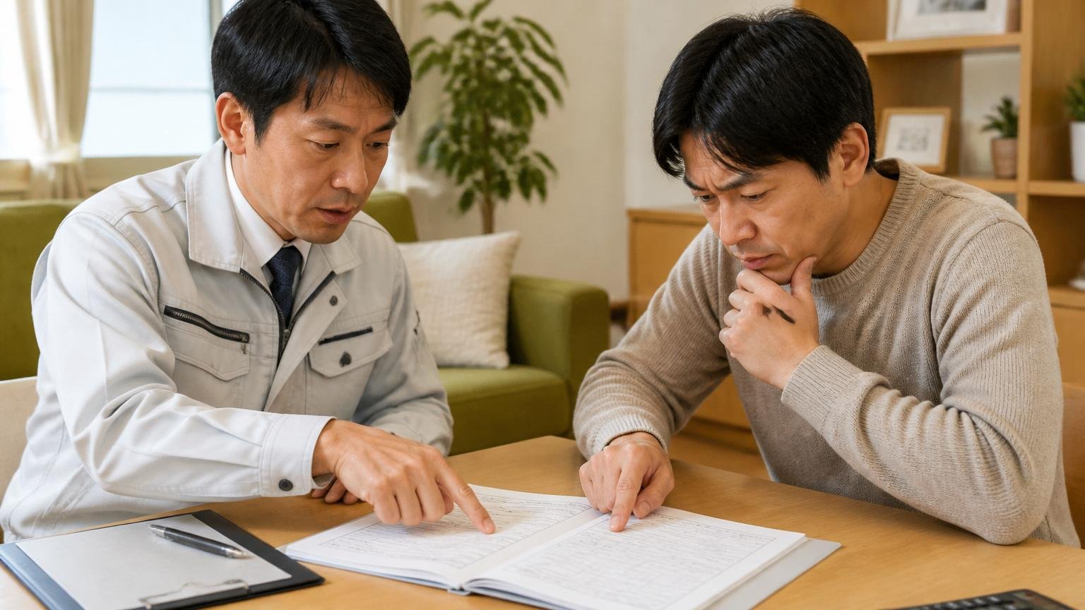 保証と見積もりと受付時間を確認する場面。リビングのテーブルで作業員と住人の2人が見積書を広げて指さし確認する