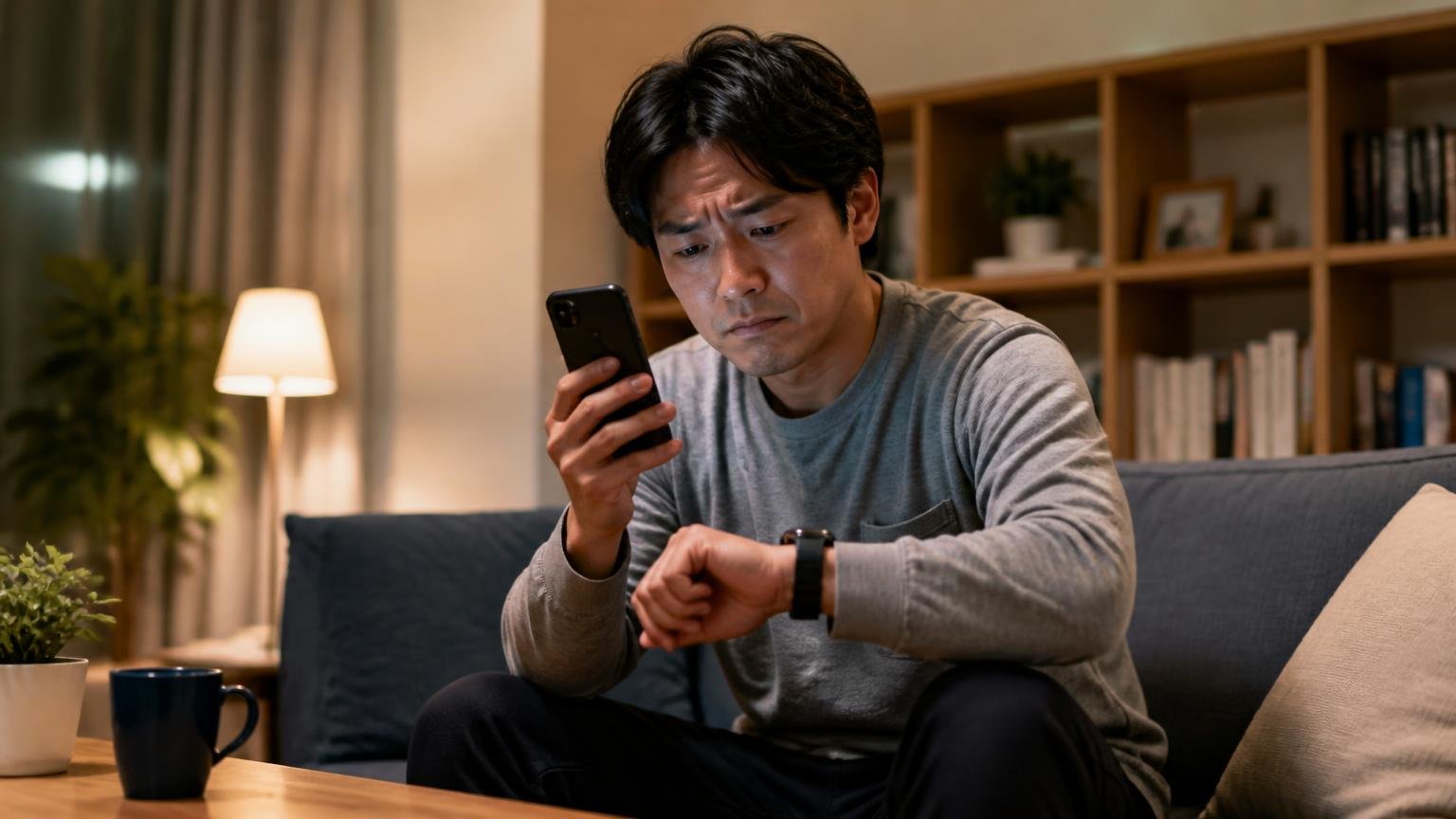 受付時間と無料見積もり 夜のリビング 男性1人 時計を見て電話をためらう表情
