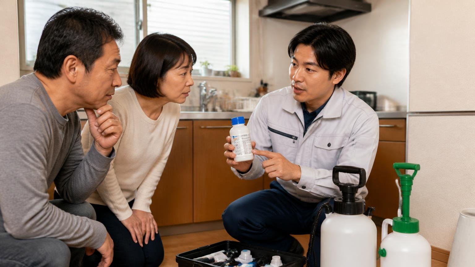 薬剤や駆除方法まで説明してくれた口コミ 木造戸建ての台所で作業員が住民2人に薬剤を見せて説明する