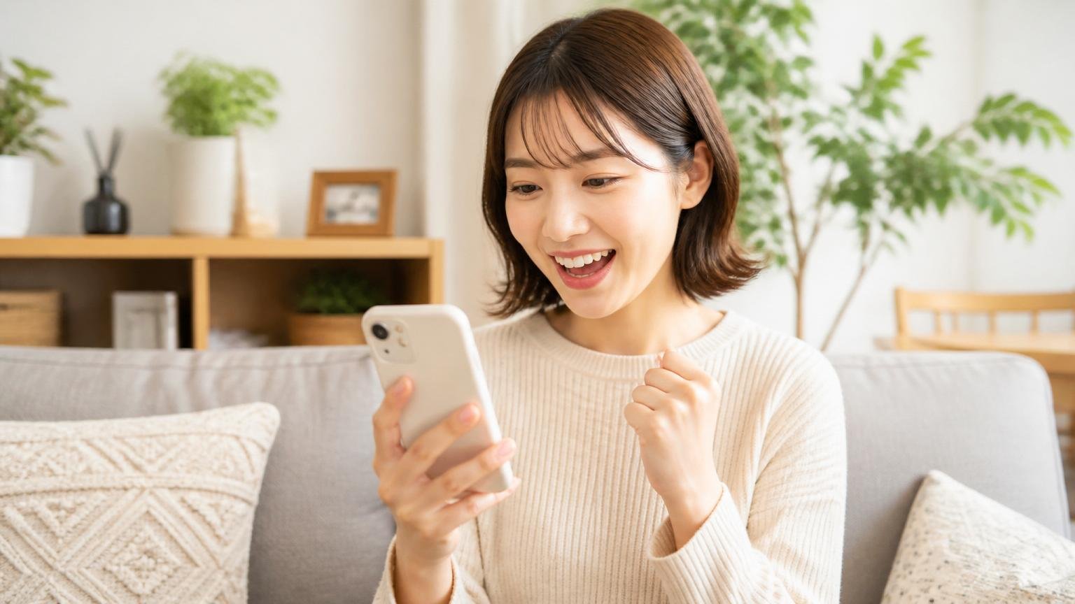 相見積もり歓迎の記載を見つけて安心する場面。自宅リビングでスマホを見る女性1人がほっとした表情