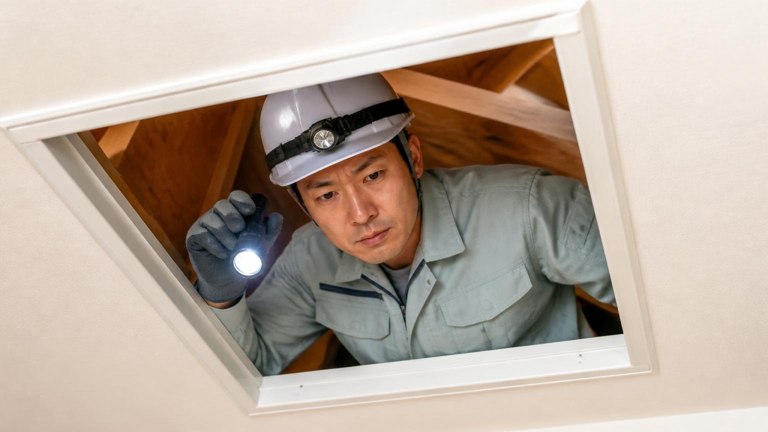 資格を持つ作業員が現場に来る場面。木造戸建ての天井裏の点検口で懐中電灯を構える作業着の男性が真剣な表情