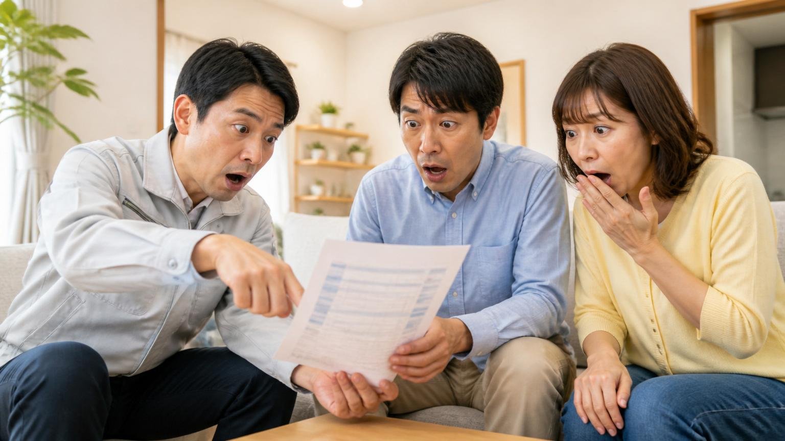 料金は基本料金と追加作業に分かれている。リビングで作業員1人と住人2人が見積書を指さし驚いた表情