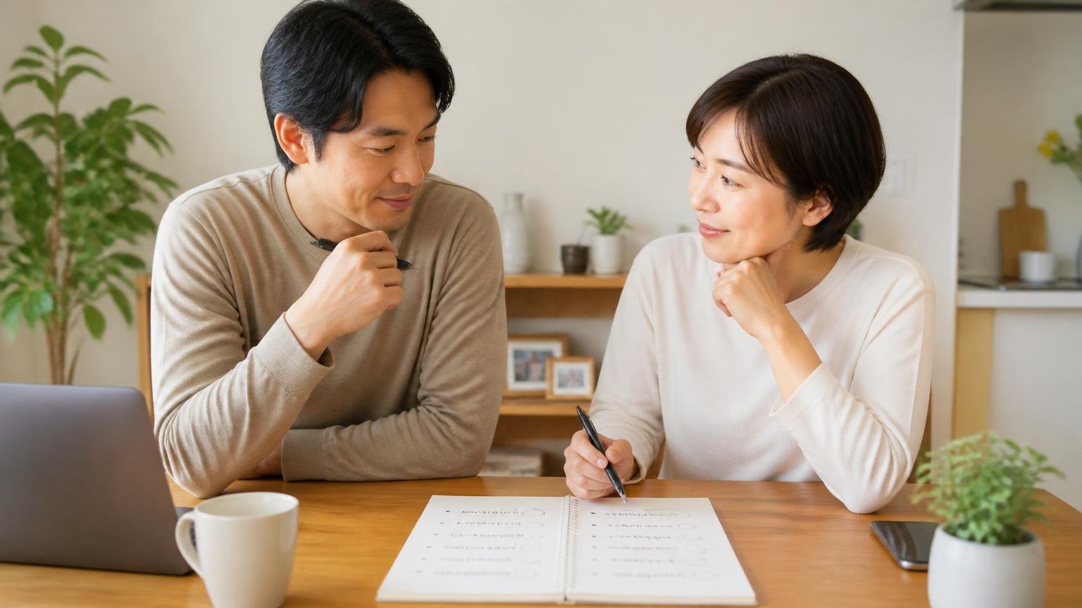 口コミが少ない業者の判断方法。ダイニングで夫婦2人がメモに判断軸を書き出して頷き合う