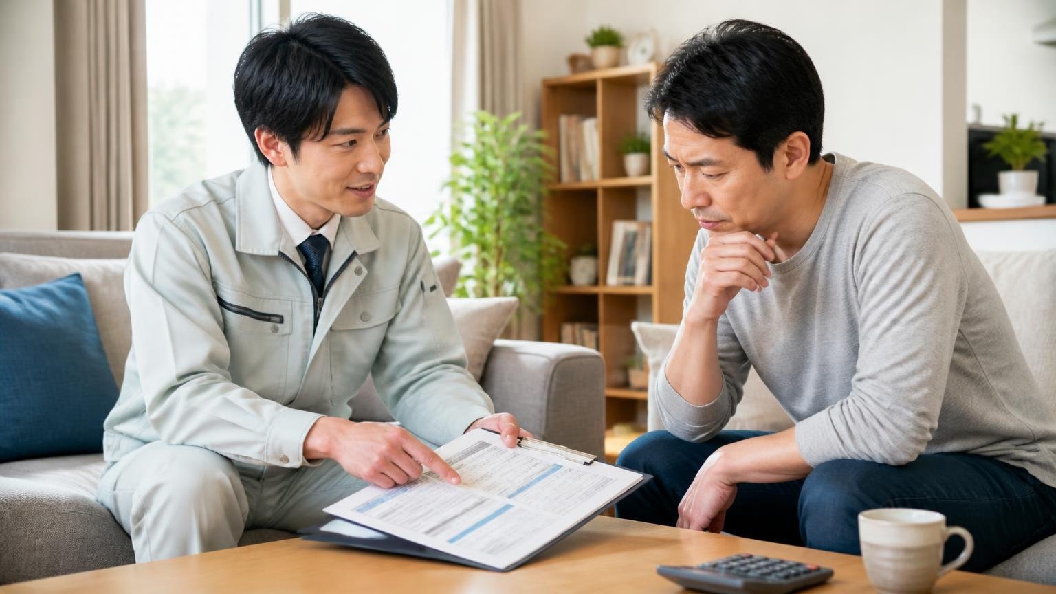 料金・見積もり・保証の公表内容。リビングで作業員と住人が見積書を挟んで話し込む