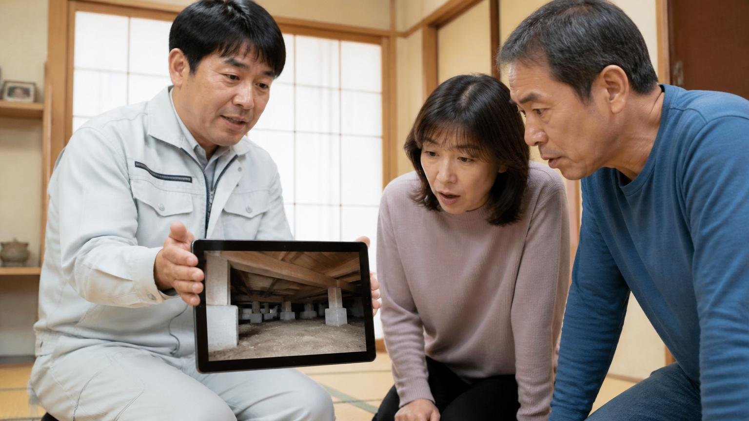 床下の写真を見せながら説明を受ける場面。和室で作業員がタブレットを差し出し夫婦2人が身を乗り出す