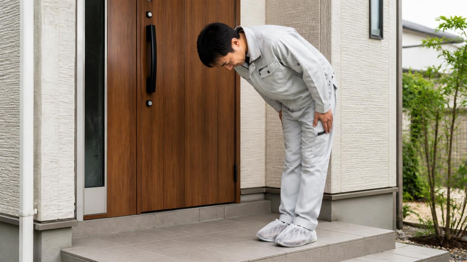 高評価に共通する丁寧という言葉|木造戸建ての玄関先|作業服の男性作業員1人|靴カバーを着けながら深く一礼して挨拶する