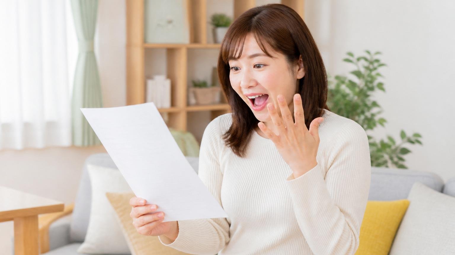 見積もりより安くなった請求。リビングで見積書を見る女性1人が驚き喜ぶ