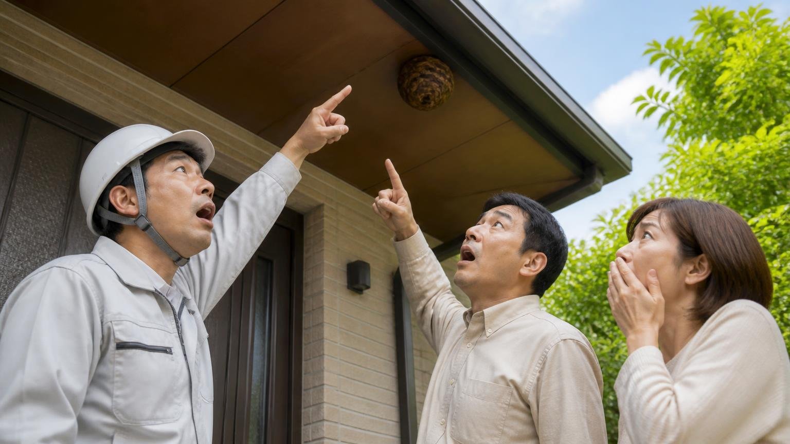 ハチやハトの巣は素人には見つからない 住宅の軒下を見上げる玄関前で作業員1人と住人2人が指さし驚く