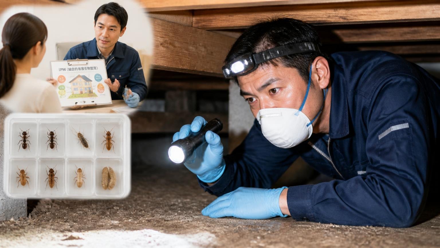 一級ペストコントロール技術者とIPMの説明、住宅の床下で虫の種類を確認する作業員1人が真剣な表情