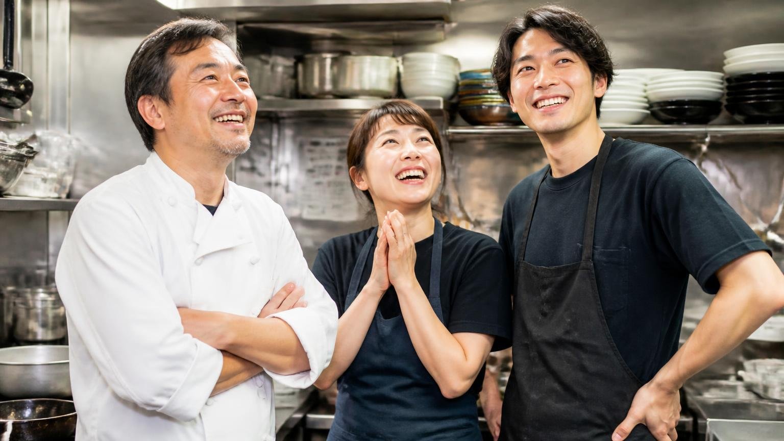 半年間まったく恐怖を味わっていない。飲食店の厨房で店主とスタッフ2人が安堵の表情で見回す