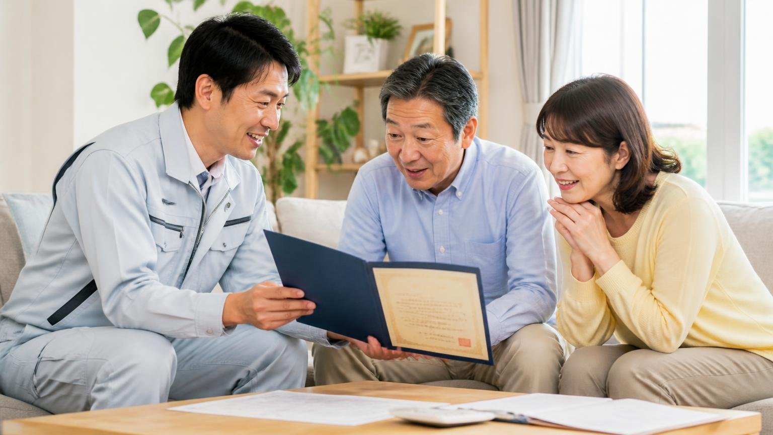 業界団体への加盟が保証すること リビングで作業員と住人2人が資格証を見ながら打ち合わせ