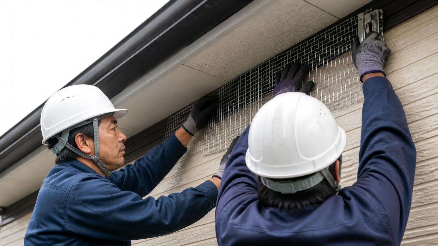 追い出して終わりにせず侵入口の封鎖まで踏み込む/住宅の外壁と軒下のすき間/作業員2人/金網を当てて封鎖作業をする