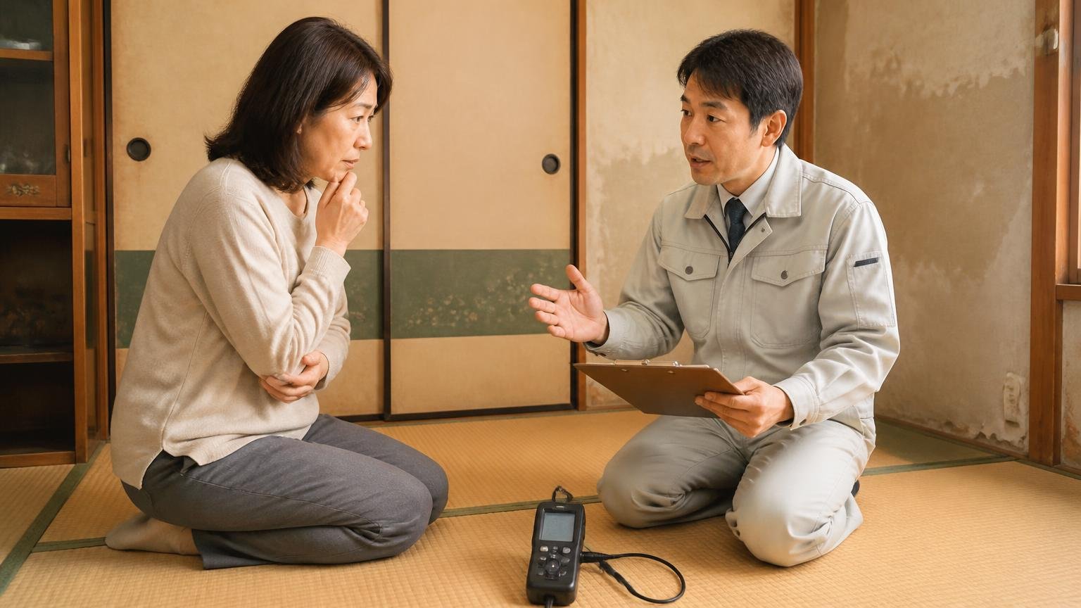 被害のない部屋には施工しない判断。古い和室で作業員が家主の女性に検査結果を説明する