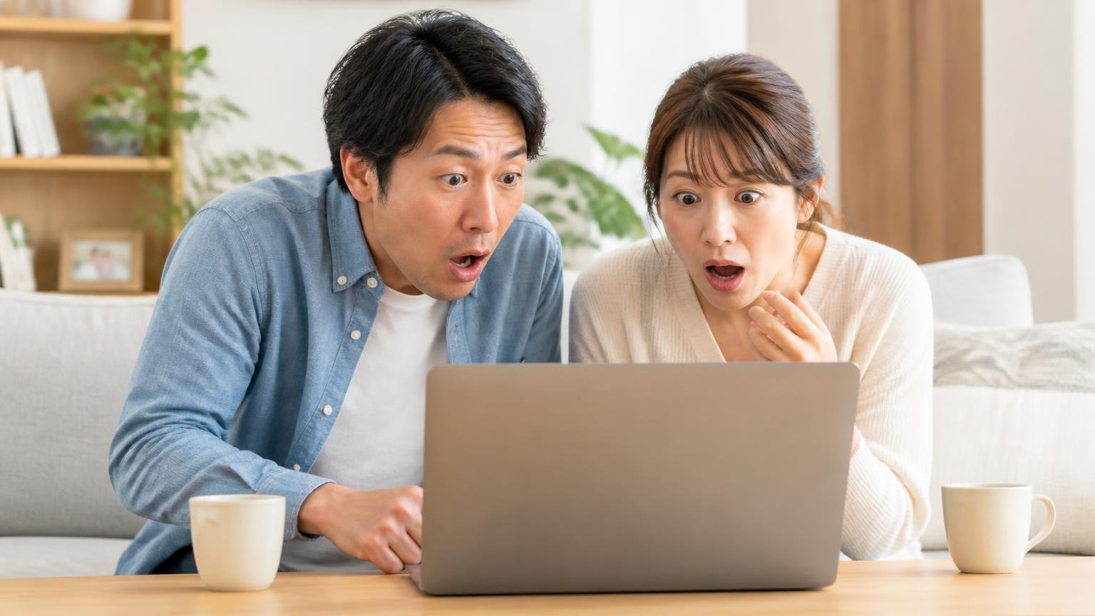 株式会社三共消毒とは別の会社です リビングで夫婦2人がノートパソコンの画面を見比べて驚く
