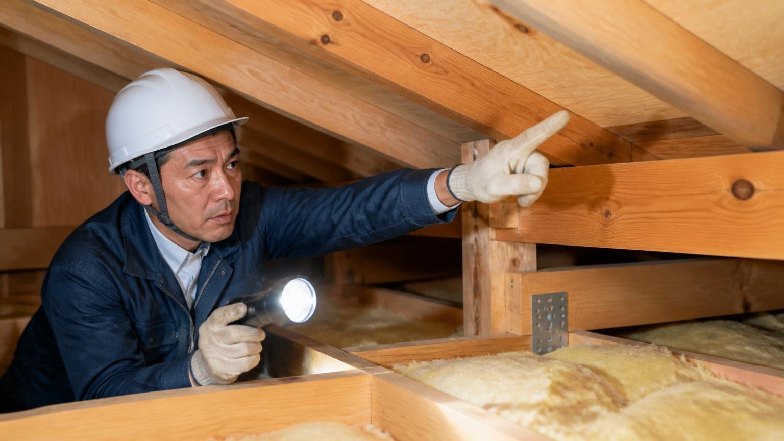 ネズミの侵入しそうな所を探す|木造戸建ての天井裏で作業員が懐中電灯を当てて指をさす