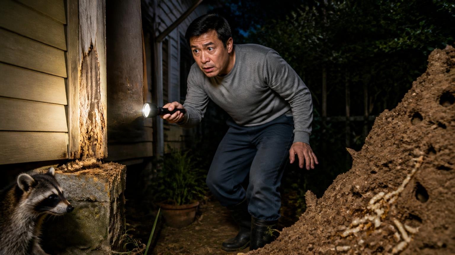 アライグマとシロアリの口コミ。夜の庭先で懐中電灯を手にした住人1人が物音のする方向を見て身構える
